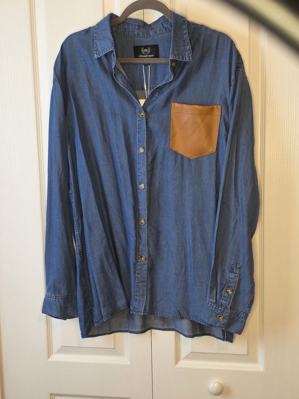Ellandemm Denim Tencel Women's Button Up Faux Leather Pocket 2XL NWT